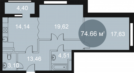 Двухкомнатная квартира 74.66 м²