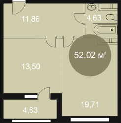 Однокомнатная квартира 52.02 м²