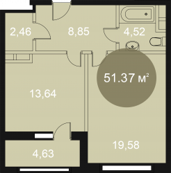 Однокомнатная квартира 51.37 м²