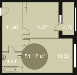 Однокомнатная квартира 51.12 м²